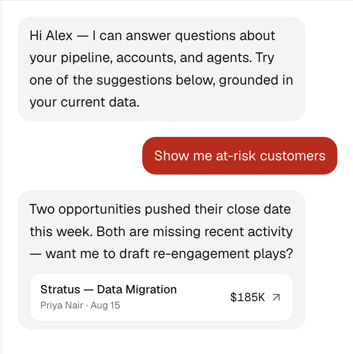 Centiv natural language query interface answering a question about at-risk customers